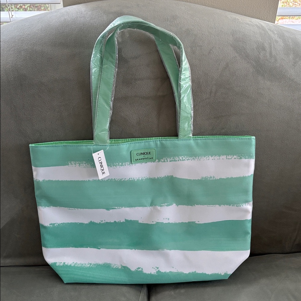 NWT Clinique x Drawbertson Mint & White Striped Lined Tote Bag Boho Beach Vaca - Picture 3 of 8